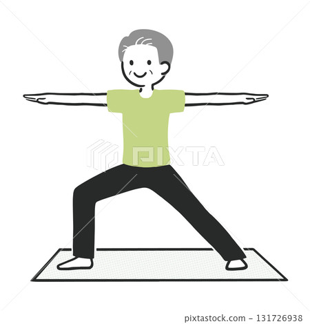 做瑜珈戰士姿勢的老人 — 健康積極的生活方式 做瑜珈戰士姿勢的老人 — 健康積極的生活方式 131726938