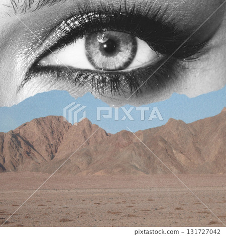 Abstract collage illustration of woman eye and mountains 131727042