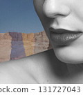 Collage illustration of woman portrait silhouette in colorful mountains background 131727043