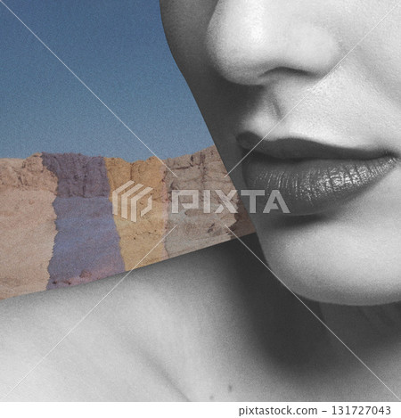 Collage illustration of woman portrait silhouette in colorful mountains background 131727043