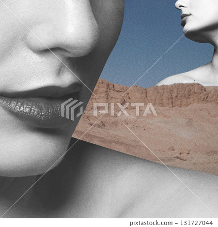 Collage illustration of two women portrait silhouette in mountains background 131727044