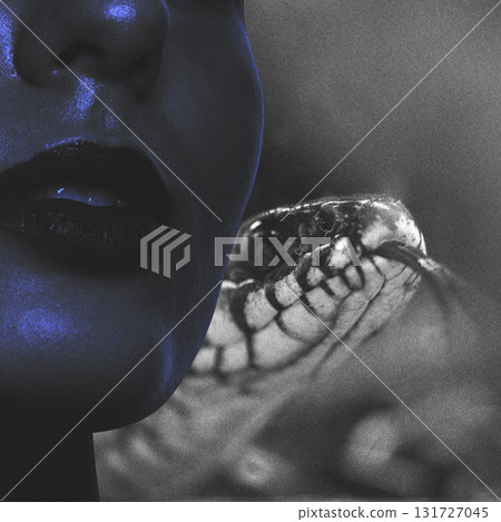 Collage illustration of woman portrait and snake 131727045