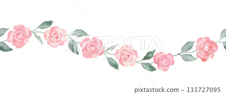 Pink watercolor rose flowers spots and leaves seamless border on white background. Repeat banner soft pastel colors water color for beauty products. Hand drawn illustration on isolated background. Pink watercolor rose flowers spots and leaves seamless border on white background. Repeat banner soft pastel colors water color for beauty products. Hand drawn illustration on isolated background. 131727095