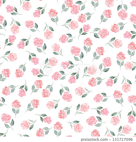 Sweet pink simple rose flowers spots and green leaves watercolor seamless pattern on white background. Soft pastel colors for beauty products or other. Hand drawn illustration on isolated background. Sweet pink simple rose flowers spots and green leaves watercolor seamless pattern on white background. Soft pastel colors for beauty products or other. Hand drawn illustration on isolated background. 131727096