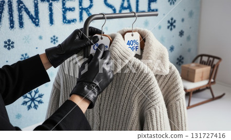Gloved Hands Browsing Winter Sweaters Under WINTER SALE Banner 131727416