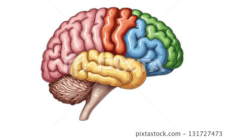 Human Brain Anatomy with Color-Coded Lobes and Structures 131727473