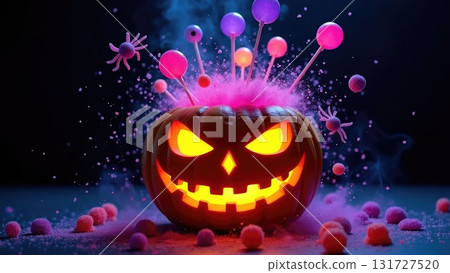 Neon Candy Explosion from Pumpkin on Black for Night Halloween Events 131727520