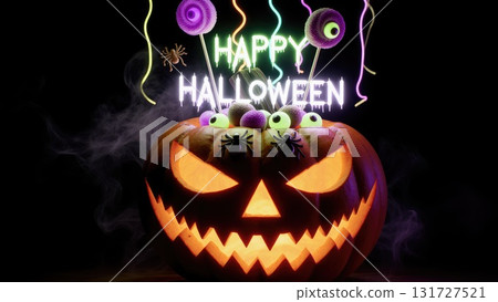 Neon Candy Explosion from Pumpkin on Black for Night Halloween Events Neon Candy Explosion from Pumpkin on Black for Night Halloween Events 131727521