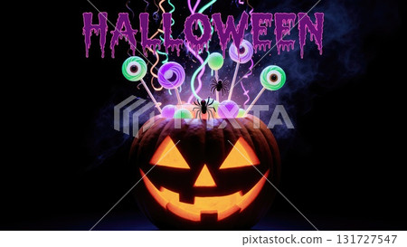 Neon Candy Explosion from Pumpkin on Black for Night Halloween Events Neon Candy Explosion from Pumpkin on Black for Night Halloween Events 131727547