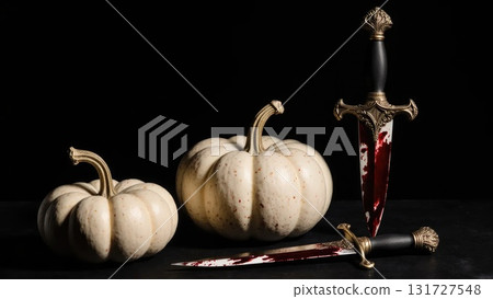 Elegant Dark Still Life with White Pumpkin and Antique Bloody Dagger Elegant Dark Still Life with White Pumpkin and Antique Bloody Dagger 131727548