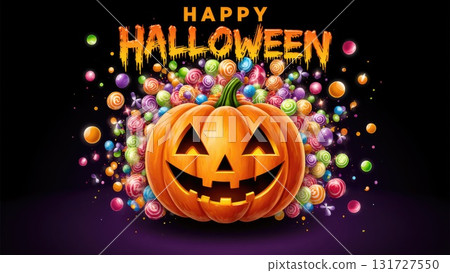 Candy Explosion Bursting from Jack-O-Lantern for Halloween Party Banner 131727550