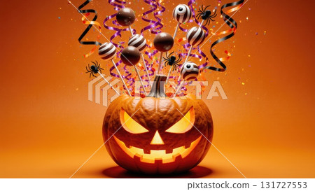 Candy Explosion Bursting from Jack-O-Lantern for Halloween Party Banner 131727553