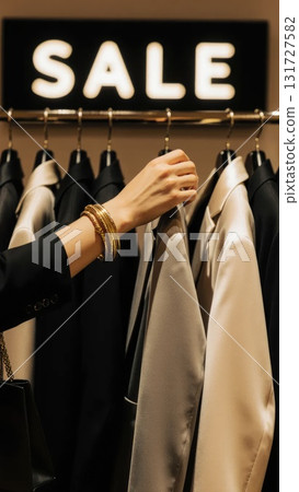 Elegant Hands Selecting Evening Wear During End of Season Sale Event Elegant Hands Selecting Evening Wear During End of Season Sale Event 131727582