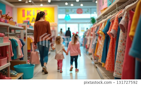 Family Shopping During Kids Sale in Bright Store with Colorful Banners Family Shopping During Kids Sale in Bright Store with Colorful Banners 131727592