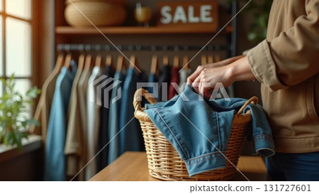 Hands Folding Vintage Denim into Wicker Basket in Thrift Store 131727601
