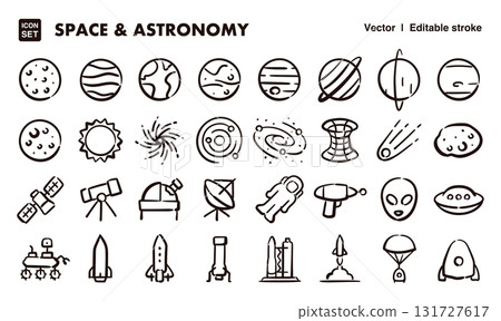 太空和天文手繪圖標插圖集。 EPS 版本可編輯以變更線條粗細等。 131727617