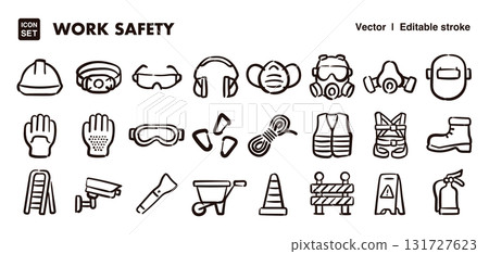 Hand-drawn icon illustration set of work safety tools. EPS version can be edited to change line thickness, etc. 131727623