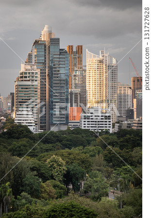 a cluster of modern high-rise buildings and skyscrapers behind the lush green area of the Lumphini Park. 131727628