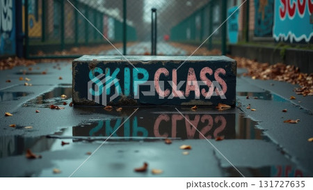 Rebel Schoolyard with Graffiti Reflections in Rain Puddles and Tipped Bench Rebel Schoolyard with Graffiti Reflections in Rain Puddles and Tipped Bench 131727635