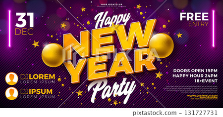 Happy New Year 2026 Party Banner Flyer Template Illustration with 3d Typography Lettering and Disco Ball on Shiny Purple Background. Vector New Year Eve and Christmas Celebration Holiday Design for 131727731
