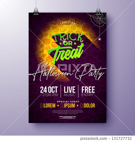 Halloween Party Flyer Illustration with Scary Faced Pumpkins on Purple Background. Vector Autumn Holiday Design Template with Flying Bats for Party Invitation, Greeting Card, Banner or Celebration 131727732