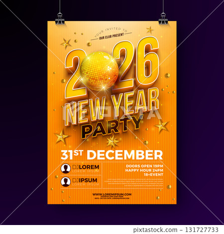 Happy New Year 2026 Party Flyer Template Illustration with 3d Typography Lettering and Disco Ball on Yellow Background. Vector New Year Eve and Christmas Celebration Holiday Design for Promo Banner 131727733