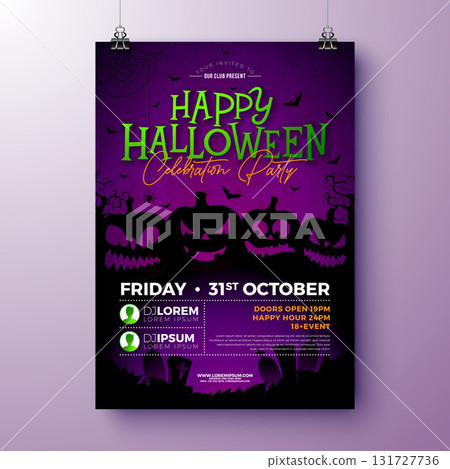 Halloween Party Flyer Illustration with Scary Faced Pumpkins on Purple Background. Vector Autumn Holiday Design Template with Flying Bats for Party Invitation, Greeting Card, Banner or Celebration 131727736
