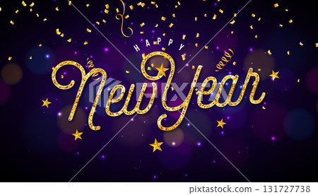 2026 Happy New Year Greeting Card Illustration with Gold Glittered Typography Number and Christmas Stars on Falling Confetti Background. New Year Celebration Holiday Design with Christmas Ornaments 131727738