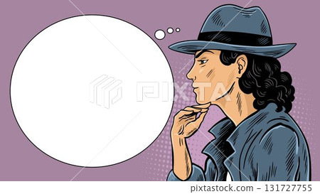 Woman detective thinking in profile, retro pop art banner with thought bubble Woman detective thinking in profile, retro pop art banner with thought bubble 131727755