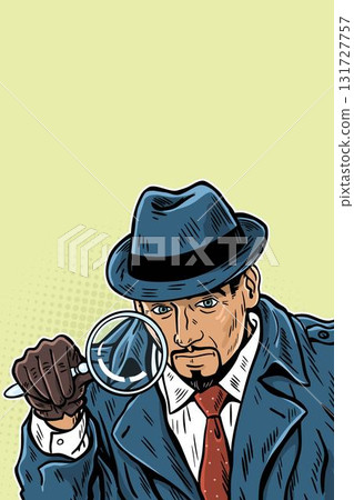 Male detective with magnifying glass in retro pop art style poster 131727757