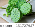 Fresh Green Lotus Seed Pods on A Tray 131727987