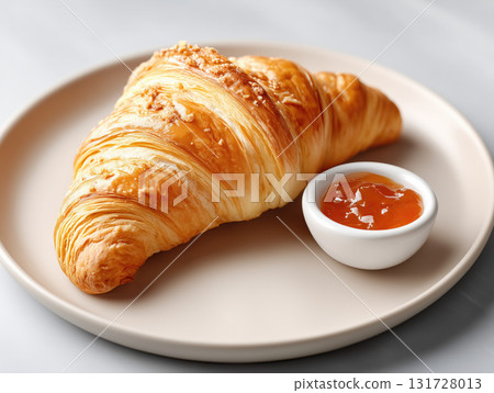 Croissant served with sweet jam on a white plate for breakfast enjoyment 131728013