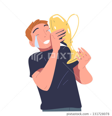 Man Character with Golden Goblet Award Crying from Happiness Smile Through Tears Vector Illustration Man Character with Golden Goblet Award Crying from Happiness Smile Through Tears Vector Illustration 131728078