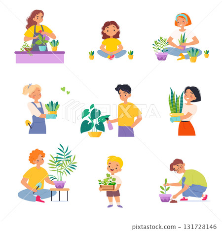 People Character Enjoy Plant Cultivation and Gardening Vector Set 131728146