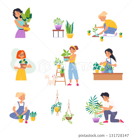 People Character Enjoy Plant Cultivation and Gardening Vector Set 131728147