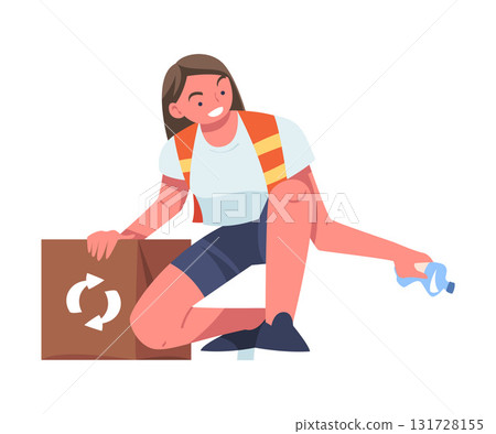 Woman Character Collecting Garbage on Beach in Carton Box Vector Illustration 131728155