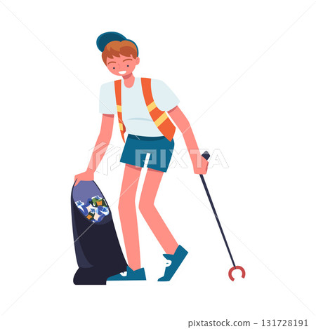 Man Character Collecting Garbage on Beach in Bag Vector Illustration 131728191