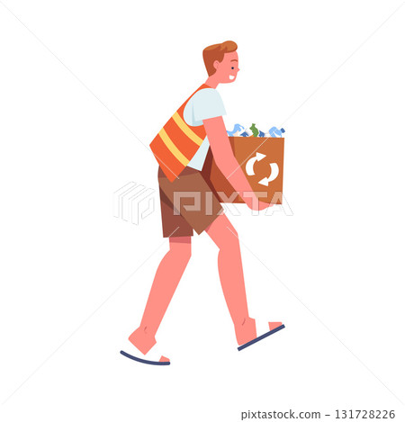 Man Character Collecting Garbage on Beach Carry Box with Bottle Vector Illustration 131728226