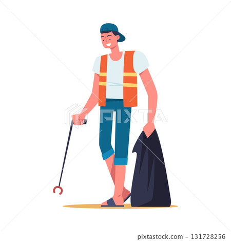 Man Character in Vest Collecting Garbage on Beach in Bag Vector Illustration 131728256