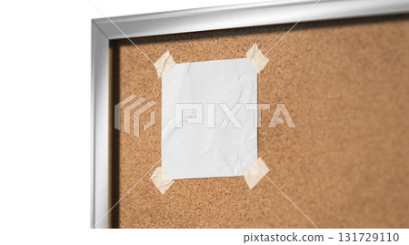 Blank white paper note taped cork-board mockup, depth of field Blank white paper note taped cork-board mockup, depth of field 131729110