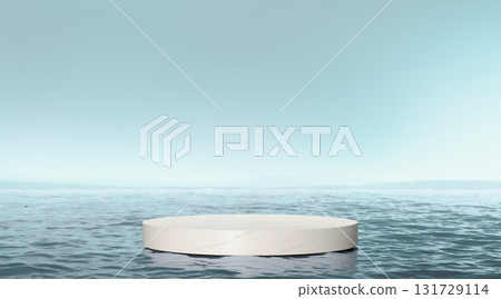 White marble podium stand in calm sea water scene 131729114