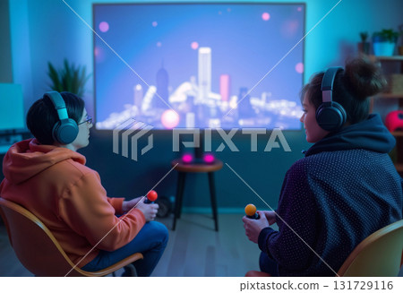 Women playing video games on tv in room, ai generated Women playing video games on tv in room, ai generated 131729116