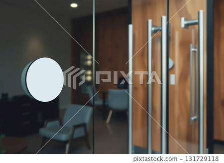Blank transparent glass door with white sticker mockup, ai generated 131729118