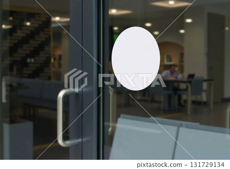 Blank transparent glass door with white sticker mockup, ai generated 131729134