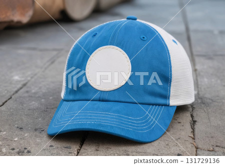 Blank white round embroidered patch on cap mockup, ai generated 131729136