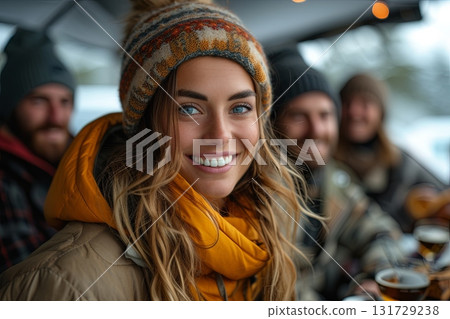Close-Up Of A Smiling Woman Outdoors In A Wool Hat 131729238