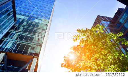 Glass office building surrounded with green trees. Eco-friendly office building. Sustainable architecture of city reducing heat carbon dioxide modern city environment. Glass office building surrounded with green trees. Eco-friendly office building. Sustainable architecture of city reducing heat carbon dioxide modern city environment. 131729312