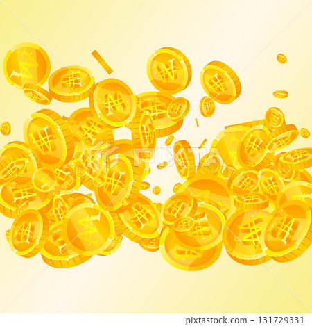 Korean won coins falling. Scattered gold WON coins. Korea money. Jackpot wealth or success concept. Square vector illustration. 131729331