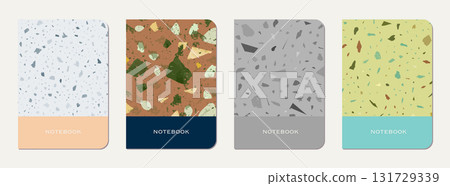 Notebook cover design. Terrazzo abstract background made of natural stones, granite, quartz and marble. Venetian terrazzo texture notebook cover template. 131729339