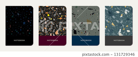 Notebook cover design. Terrazzo abstract background made of natural stones, granite, quartz and marble. Venetian terrazzo texture notebook cover template. 131729346
